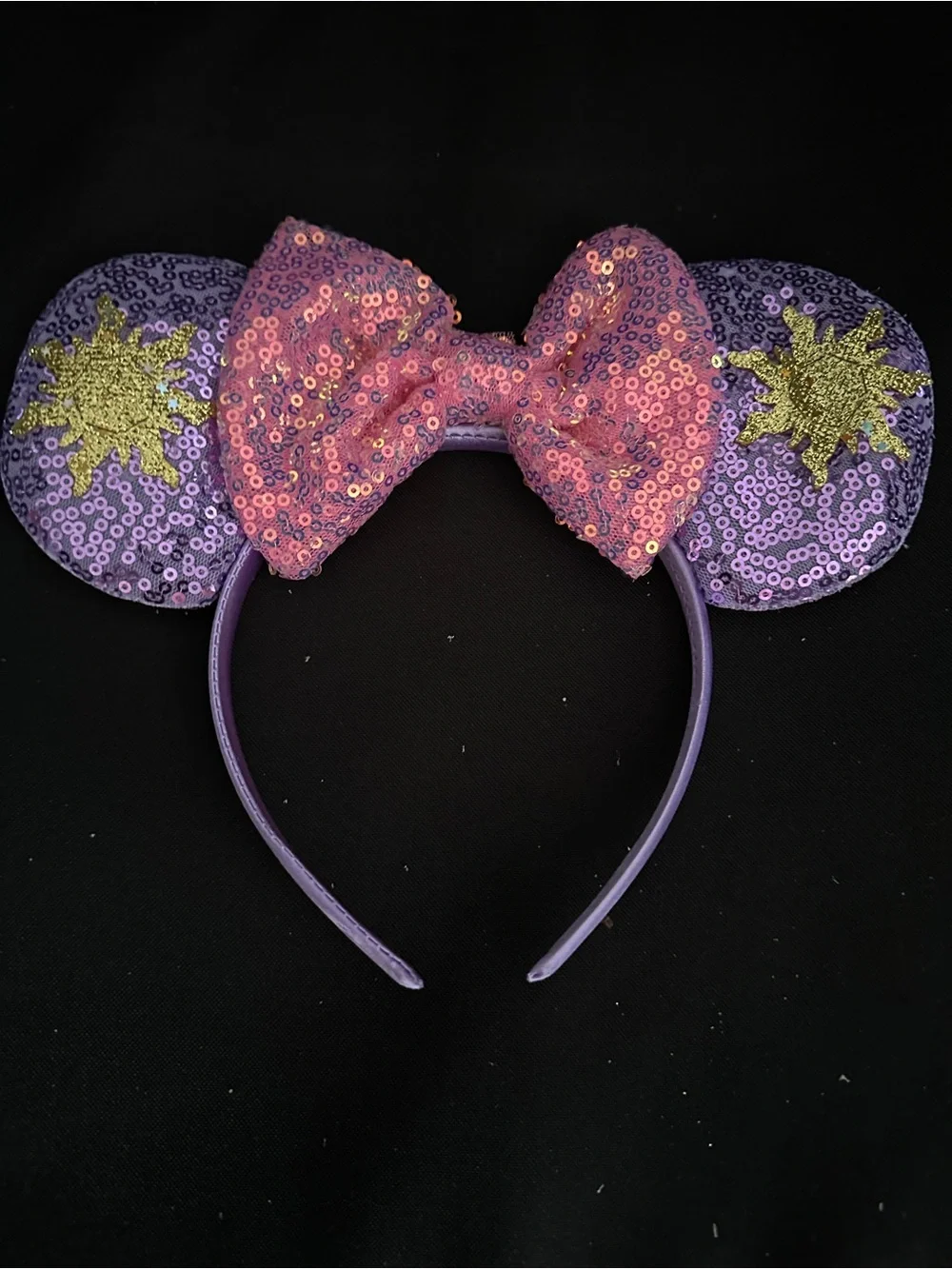 Tangled Purple Sequin Mouse Ear Headband with Pink Bow